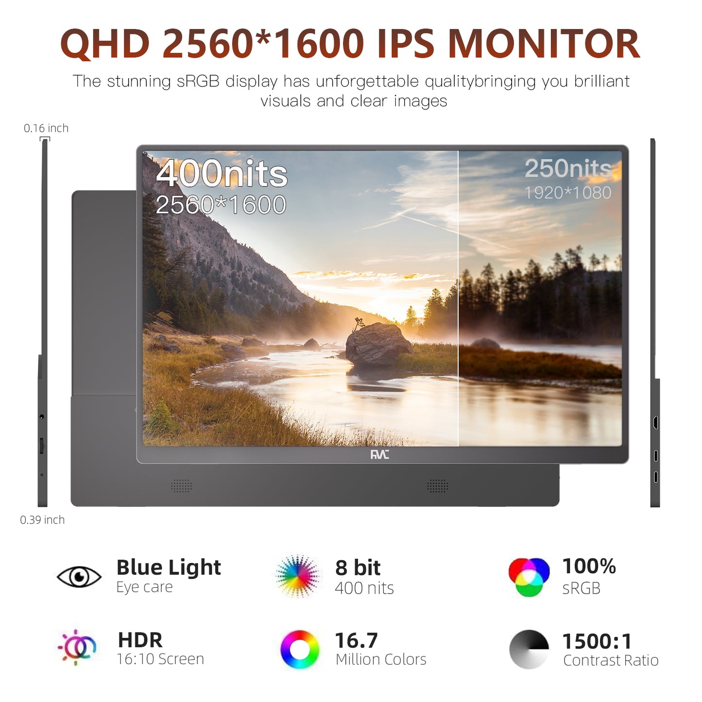 16" 2.5K Portable Monitor for Laptop 144hz QHD Flicker-Free Small Monitor USB-C, HDMI Portable Screen for Laptop Compatible with Windows, MacBook, Phone, Switch, Xbox & PS4/5 Portable Gaming Monitor